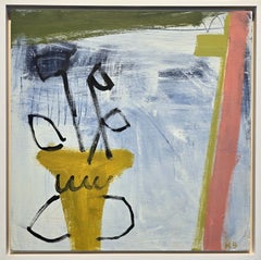 Yellow Vase (Figurative vs. Abstract, Still Life, Soft Blue and Ochre Hues)