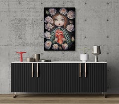 心 (Heart) (Pop Surrealism, Anatomical Heart, White Roses, Big Eyes, Portrait)