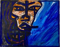 "Criminal Night" by Enzio Wenk, 1992 - Portrait on Blue Canvas, NeoExpressionism