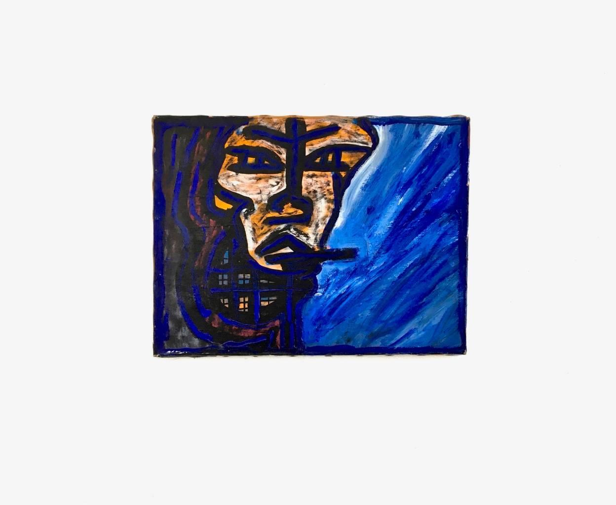 „Criminal Night“ von Enzio Wenk, 1992 – Porträt auf blauer Leinwand, Neoexpressionismus im Angebot 5
