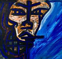 "Criminal Night" by Enzio Wenk, 1992 - Portrait on Blue Canvas, NeoExpressionism