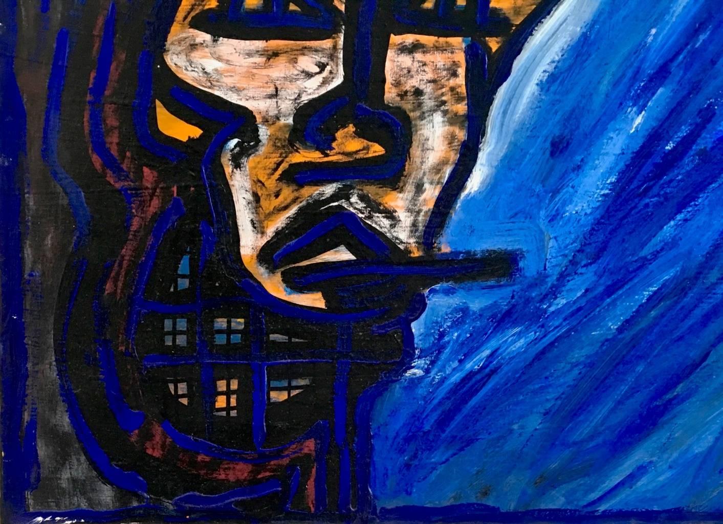 „Criminal Night“ von Enzio Wenk, 1992 – Porträt auf blauer Leinwand, Neoexpressionismus im Angebot 2