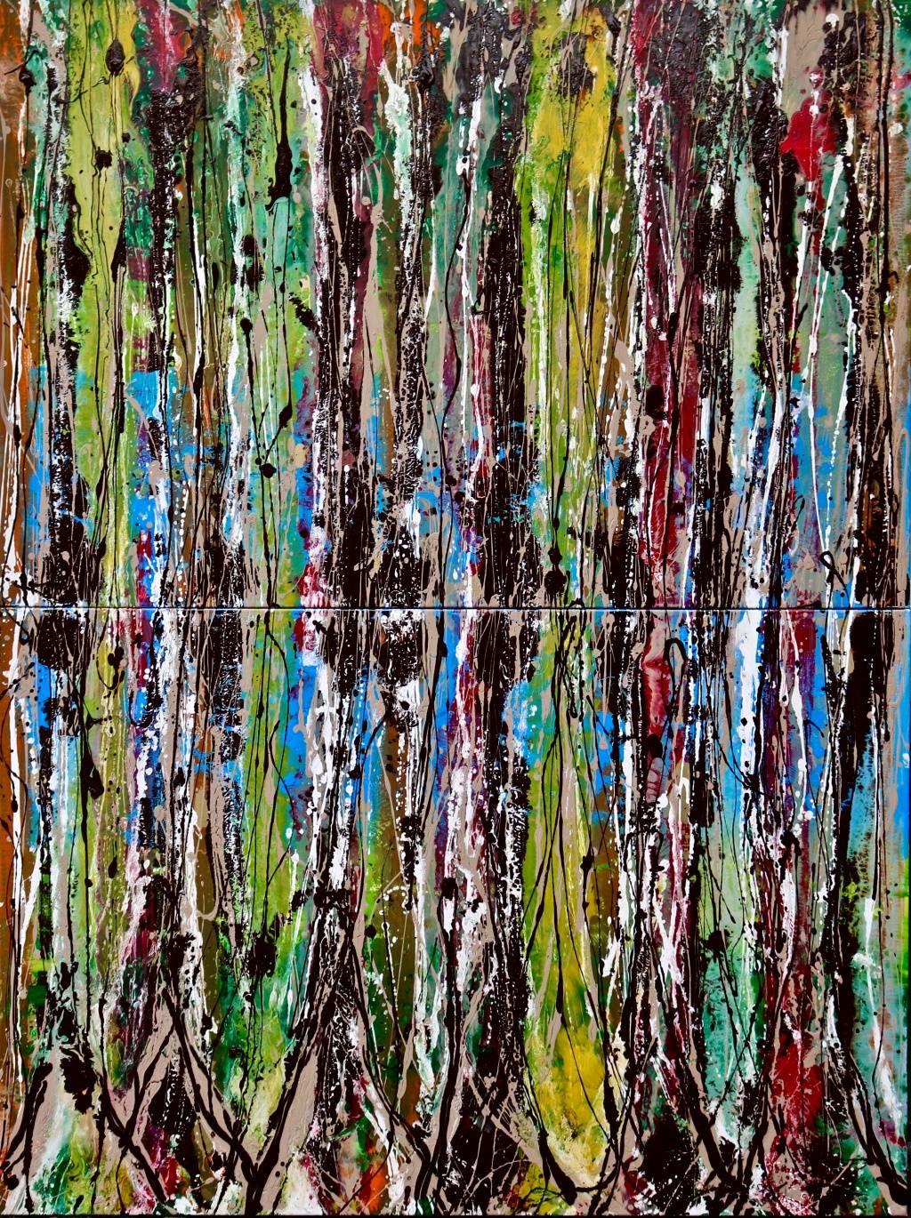 Translated title: "Vertical forest".

Mixed media on canvas. 
This is a diptych and each canvas measures: 100 x 150 cm.
