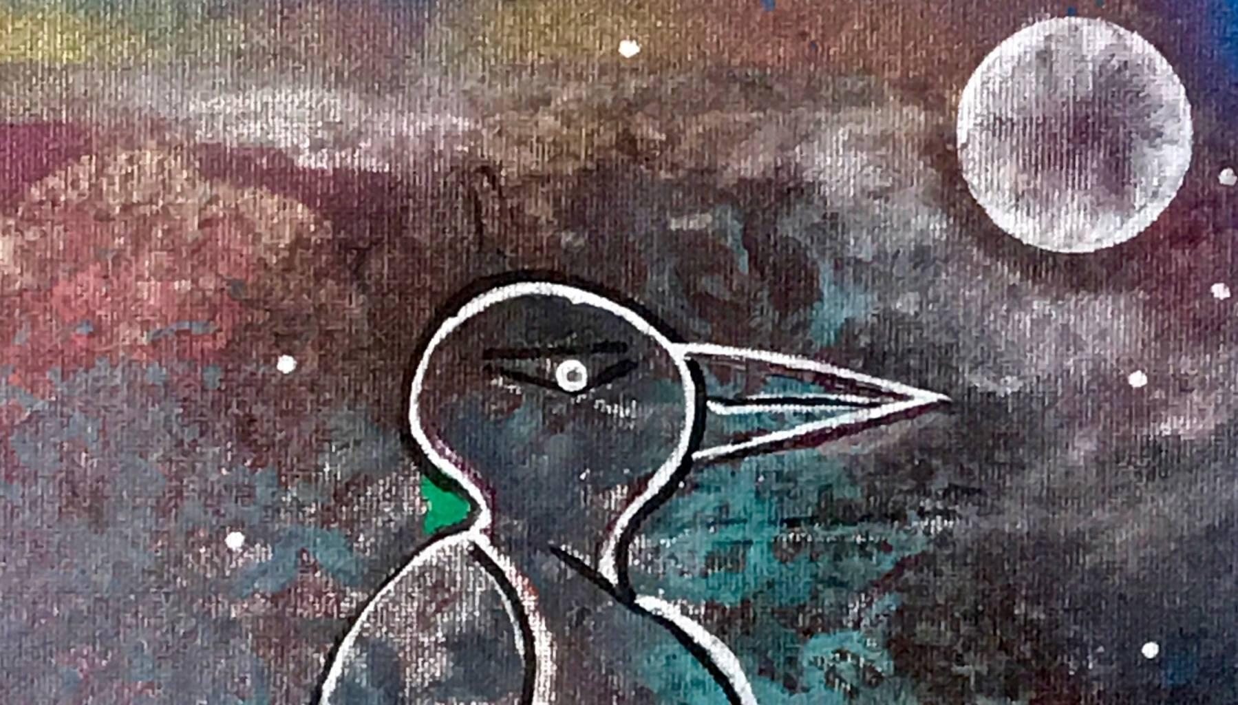 Chiaro di Luna von Enzio Wenk, 2017  Vogel in einer dunklen Szene, Abstraktes Tier im Angebot 2