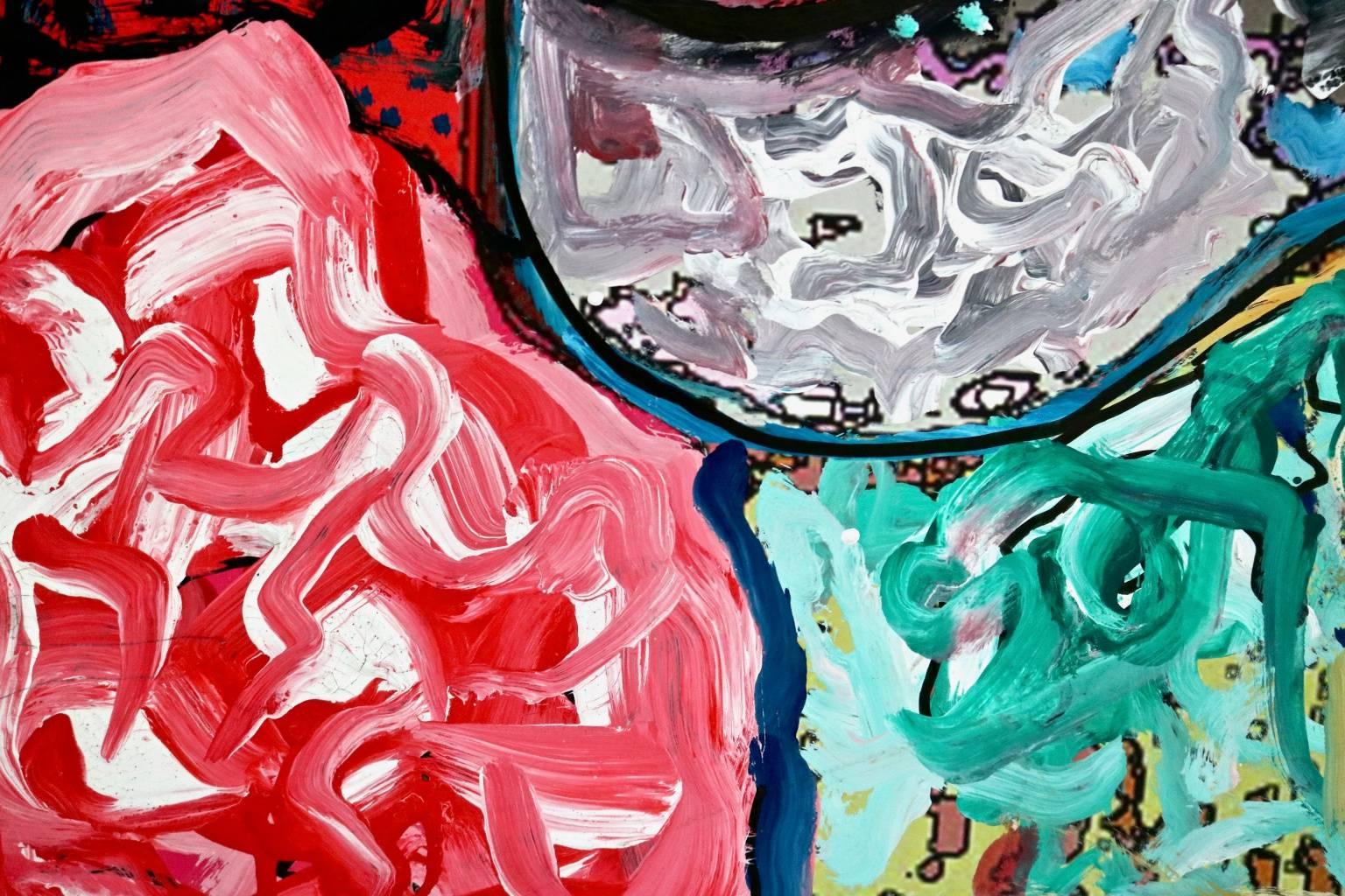 Graphic processing on paper, printed on paper, glued on wood and repainted.