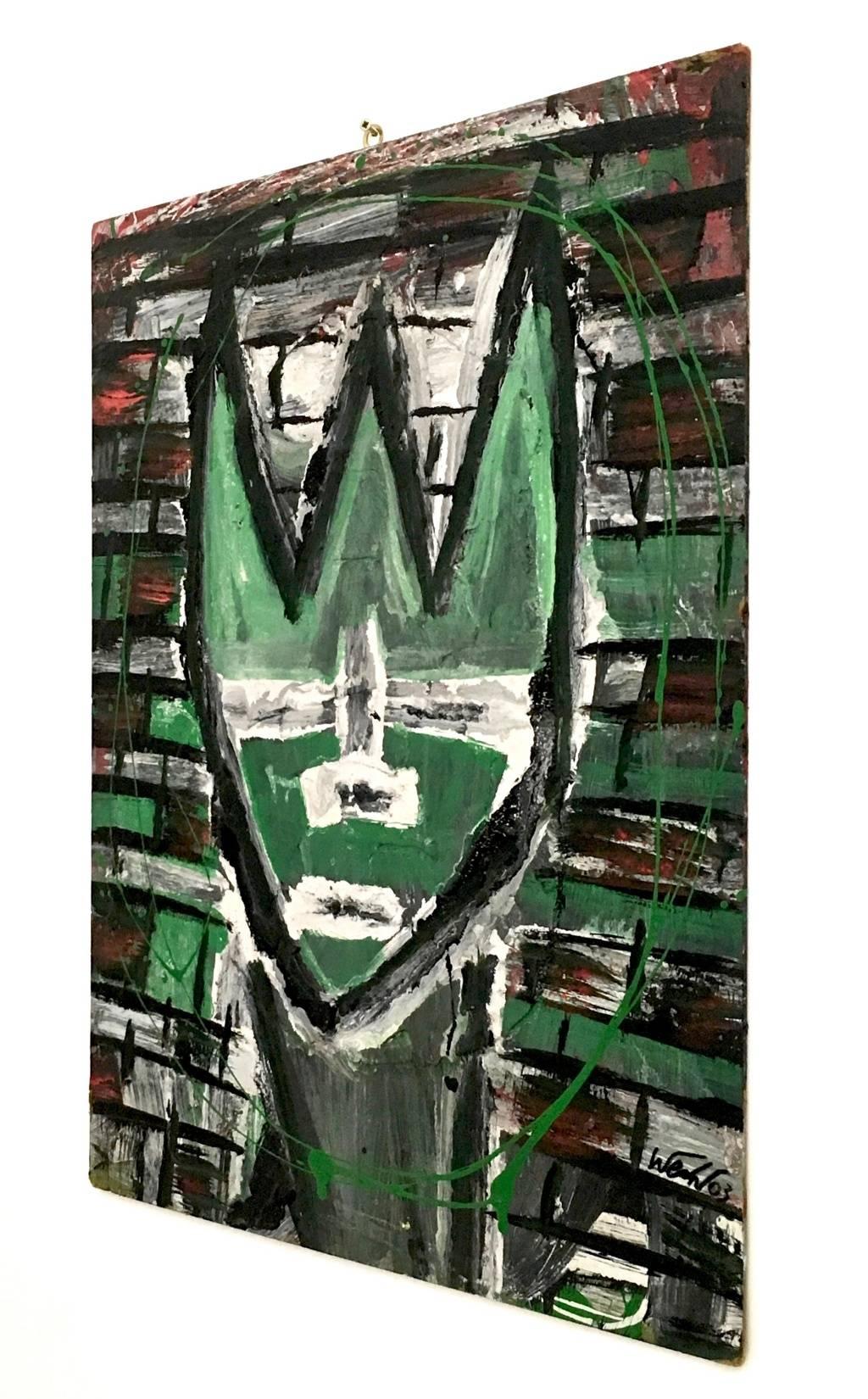 Untitled by Enzio Wenk, 2003 - Green Abstract Portrait, Oil Paint on Board For Sale 1