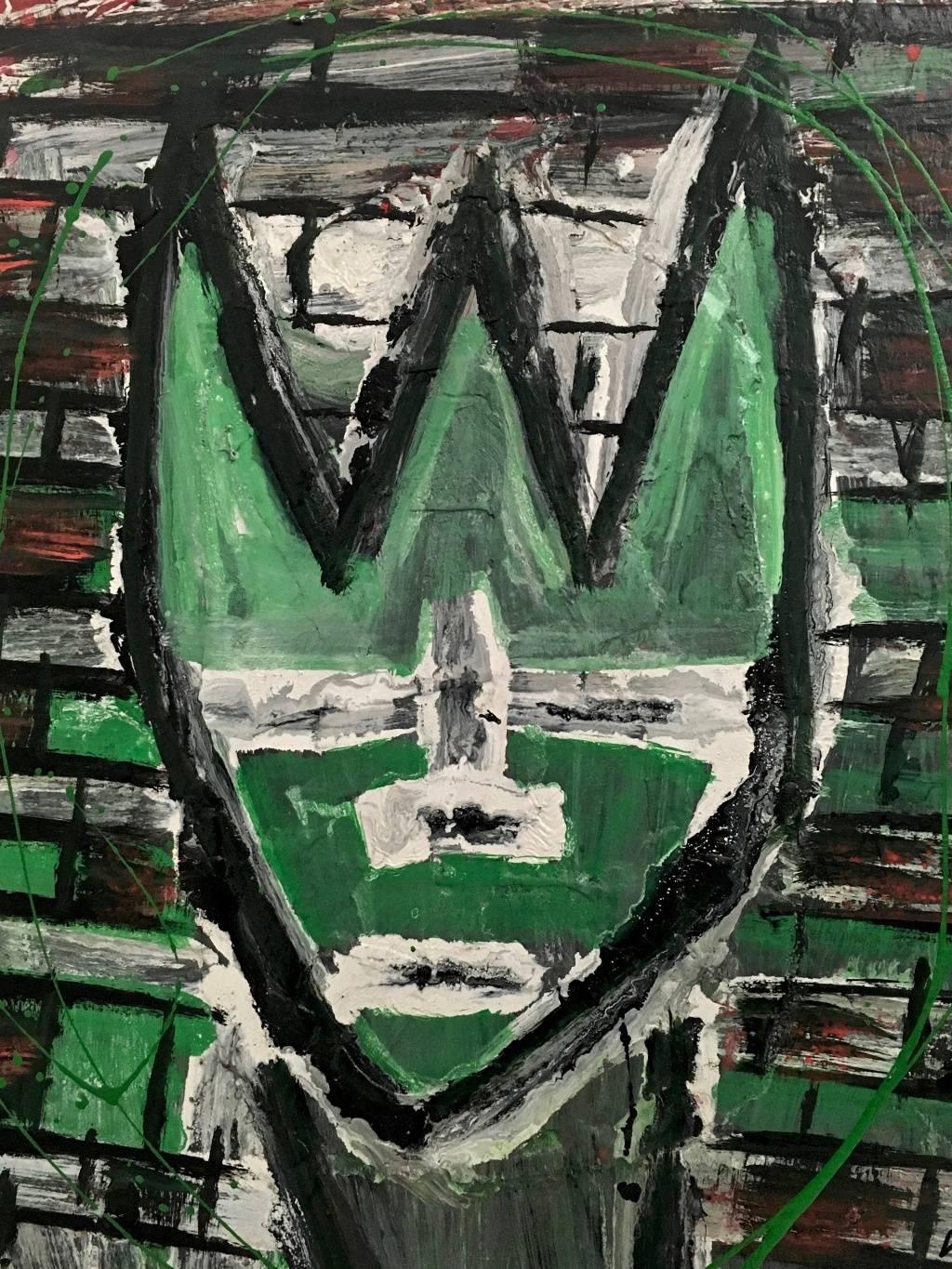 Untitled by Enzio Wenk, 2003 - Green Abstract Portrait, Oil Paint on Board For Sale 2