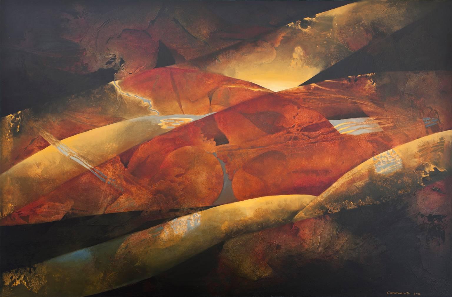 Kathleen Cammarata Abstract Painting - "Along The Dark Edges"- Red oxide, rectangular abstract painting, oil on canvas.