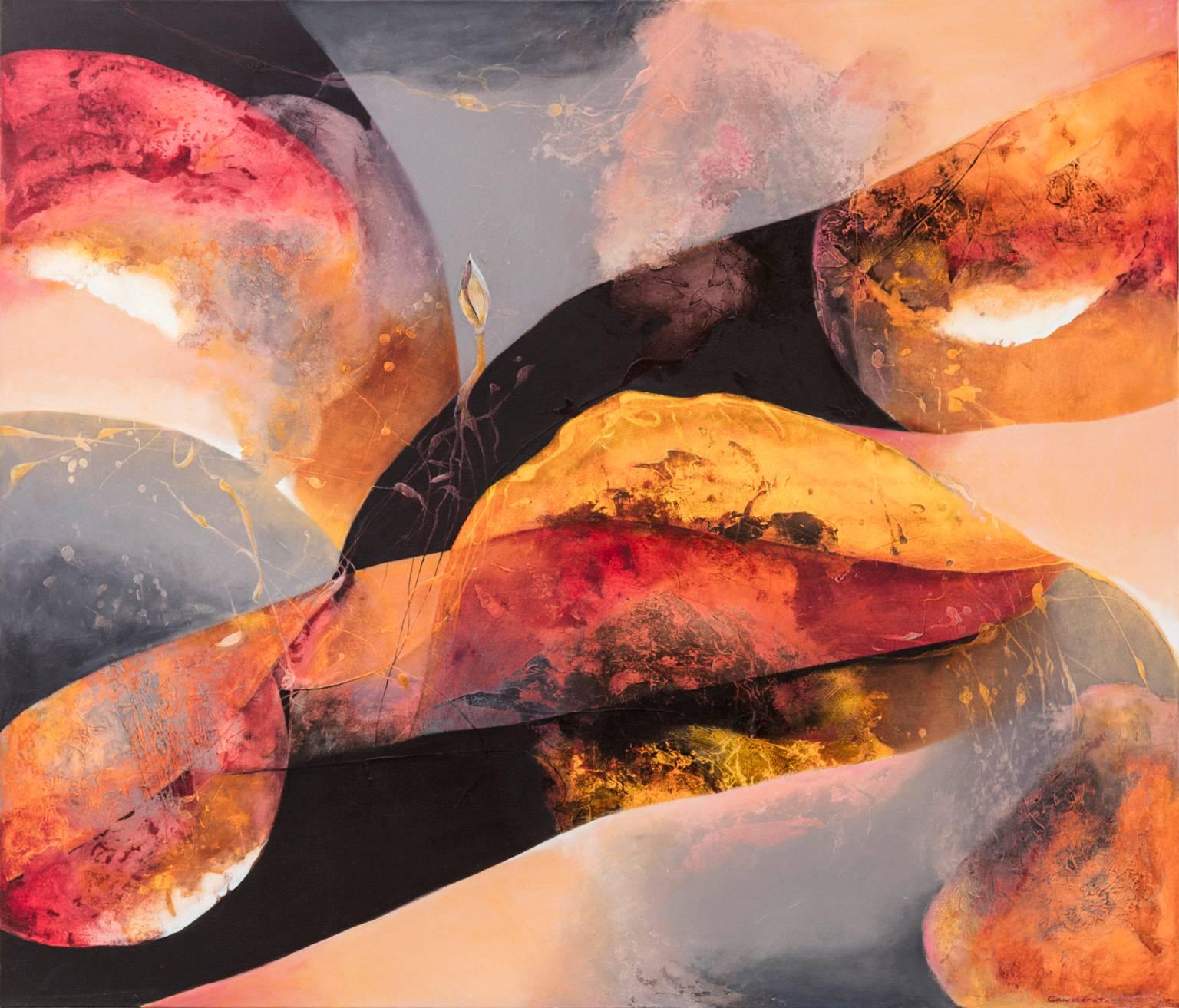 Abstract Painting Kathleen Cammarata - Hemisphere 2 - 2  Grande peinture horizontale abstraite noire, orange et rouge