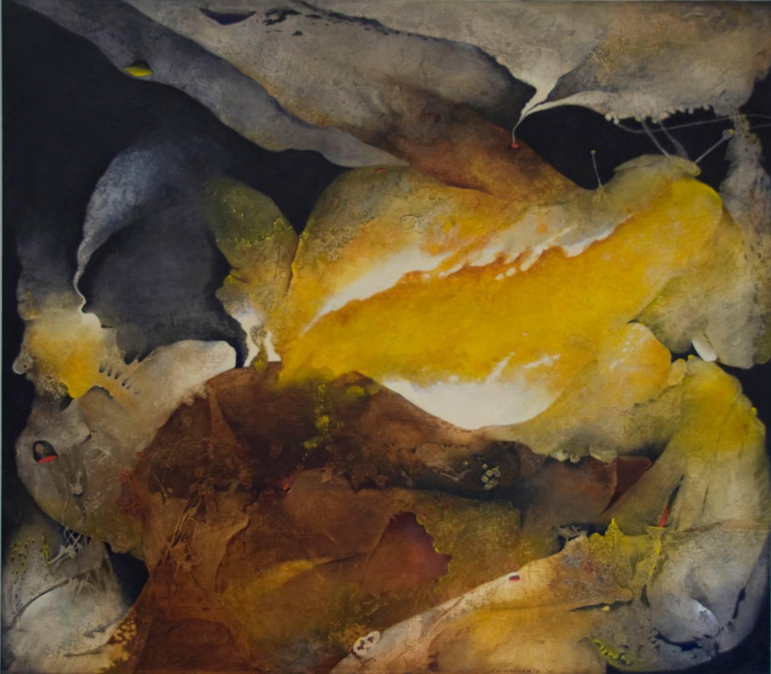 Kathleen Cammarata Abstract Painting - "Invocations" - Horizontal abstract painting in neutral and warm autumn colors.