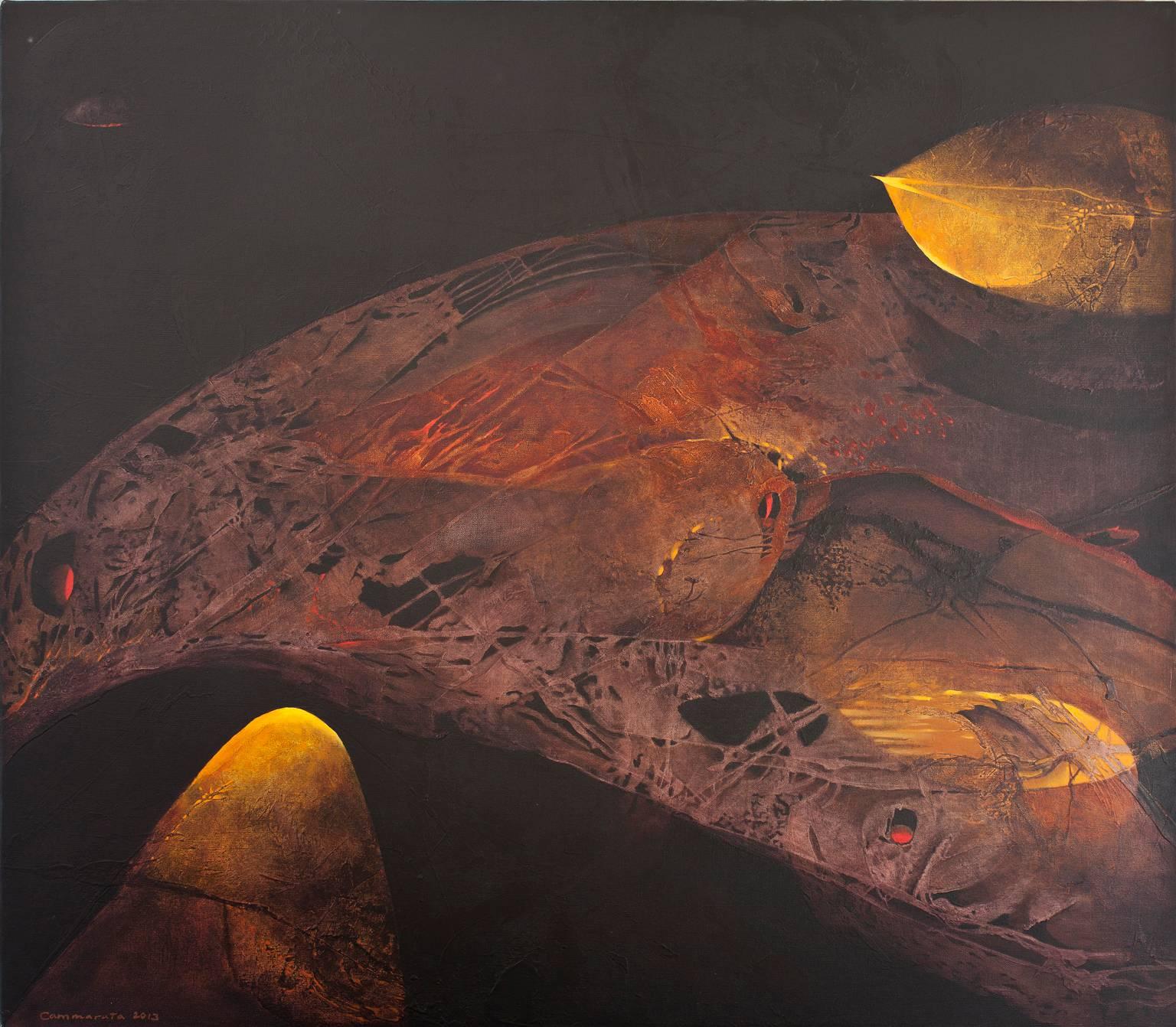 Abstract Painting Kathleen Cammarata - Le Dernier Continent du Temps - Peinture abstraite orange sépia