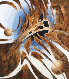 "Invenciones nocturnas" - Pintura abstracta vertical en colores siena y azul.