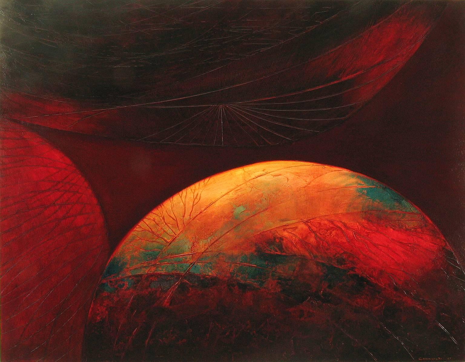 Kathleen Cammarata Abstract Painting - "No Secrets Just Discoveries" - Horizontal abstract painting in red oxide color.