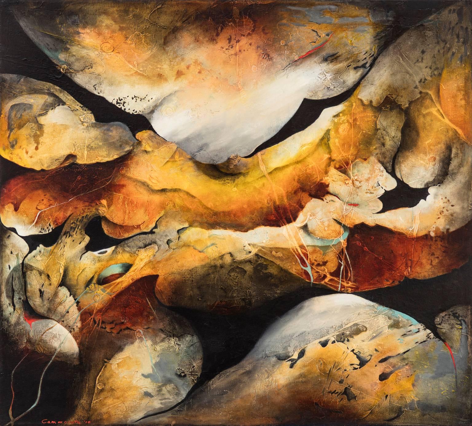 Kathleen Cammarata Abstract Painting - "Omen" - Horizontal abstract painting in neutral and warm autumn colors.