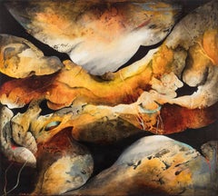 "Omen" - Horizontal abstract painting in neutral and warm autumn colors.