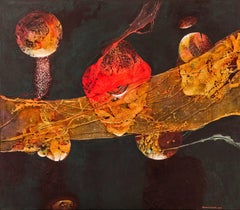 "Pathos" - Pintura abstracta horizontal con formas orgánicas en colores cálidos.