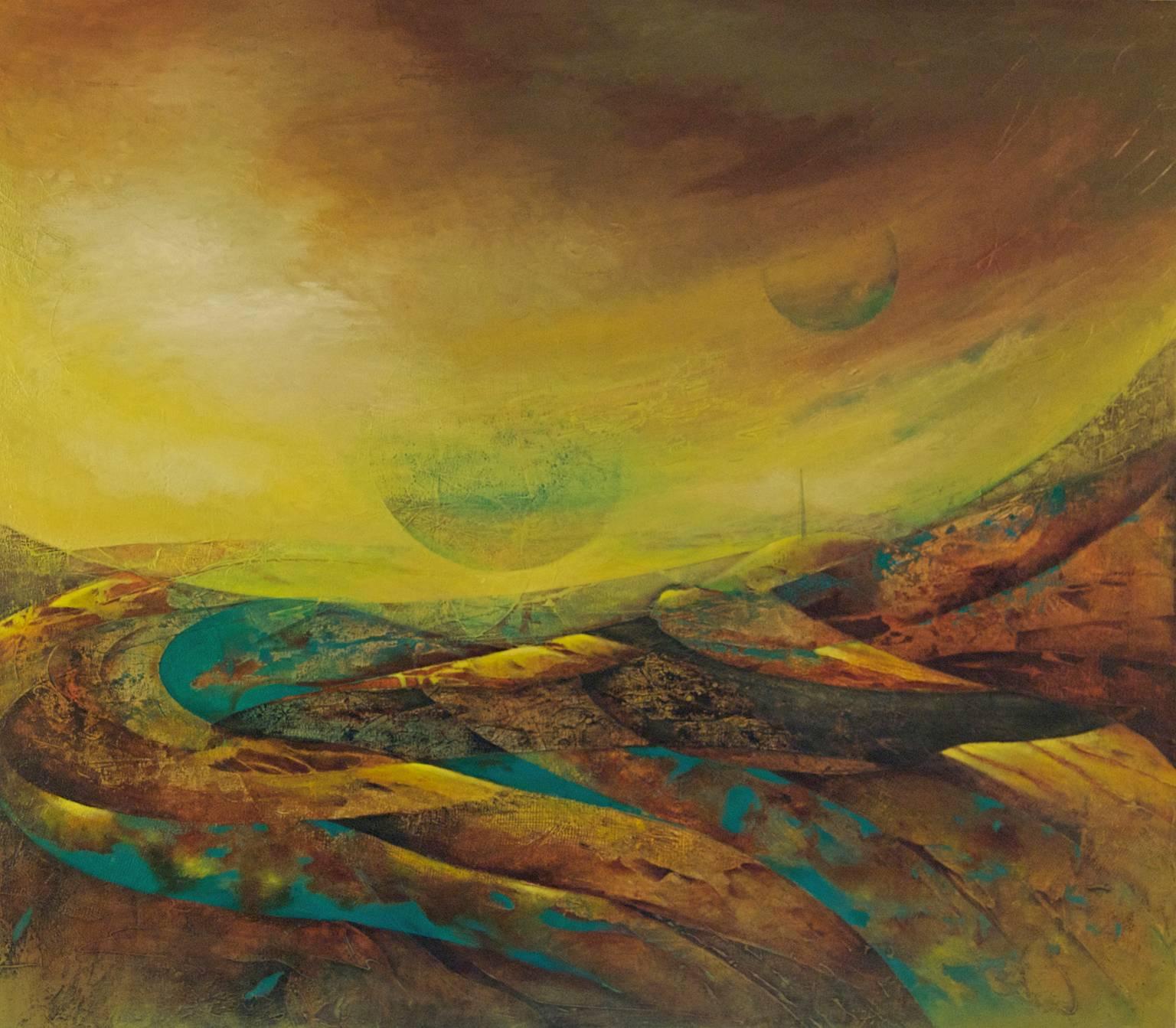 Kathleen Cammarata Abstract Painting - "Sagan's White Cloud"-Horizontal abstract landscape in yellow ochre & turquoise.