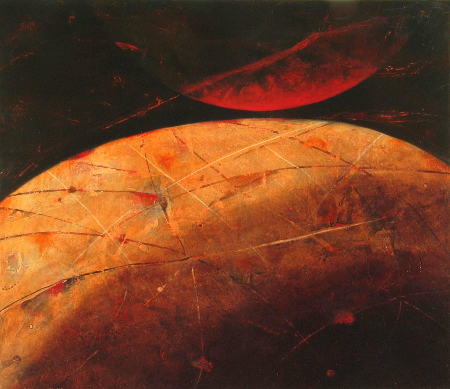 Kathleen Cammarata Abstract Painting - "Surface Dwellers" - Horizontal planet painting in red and sienna colors.