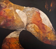 "Tethered but Drifting"- Horizontal abstract painting in neutral & autumn colors