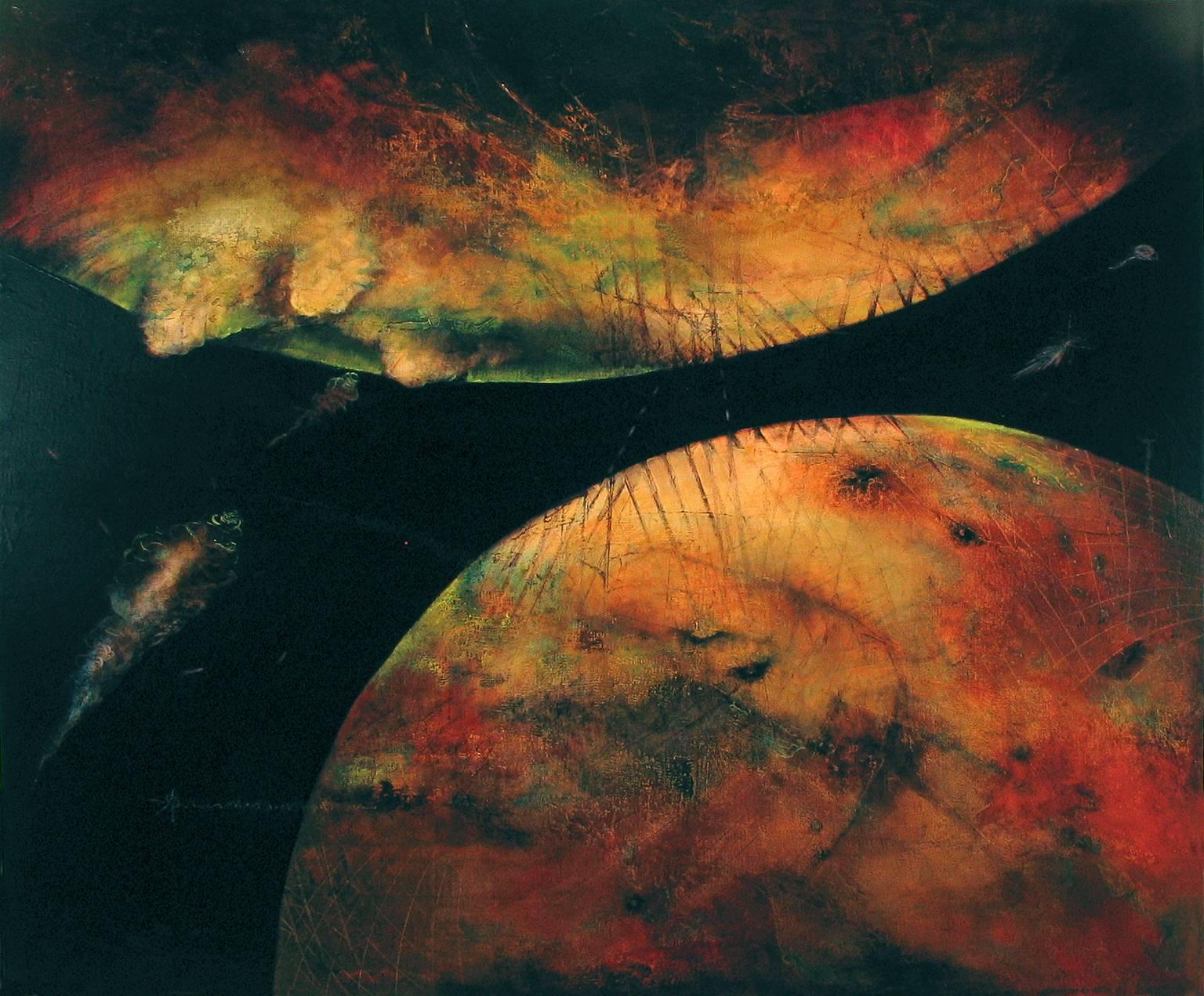 Abstract Painting Kathleen Cammarata - Premonition de voyage - formes ressemblant à des planètes - peinture abstraite orange foncé et bleue