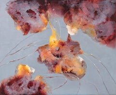 "Ballet of Chance" - Horizontal abstract painting with undefined forms morphing.