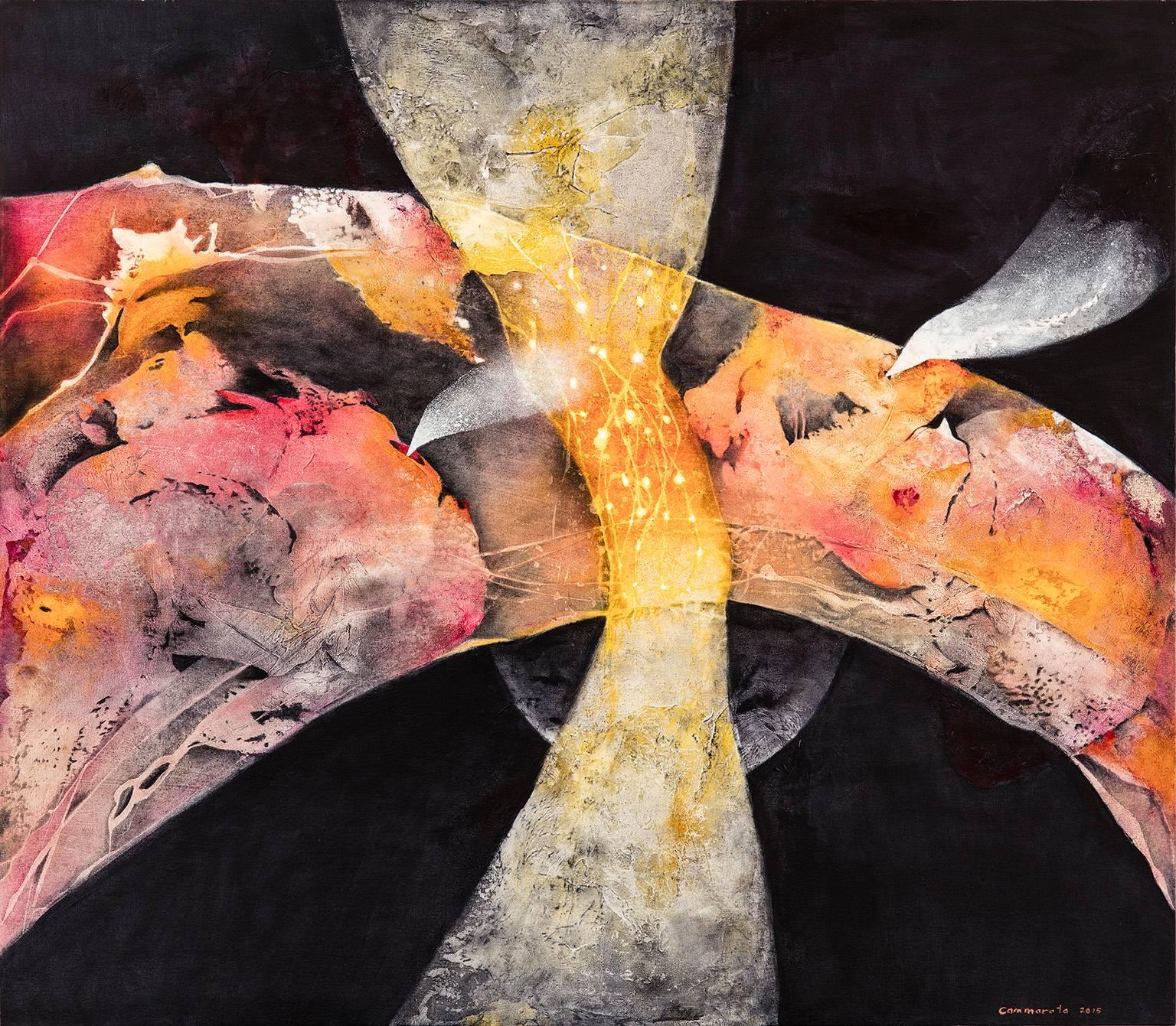 Kathleen Cammarata Abstract Painting - "Crossing Over"- Horizontal abstract painting in black and slightly warm colors.