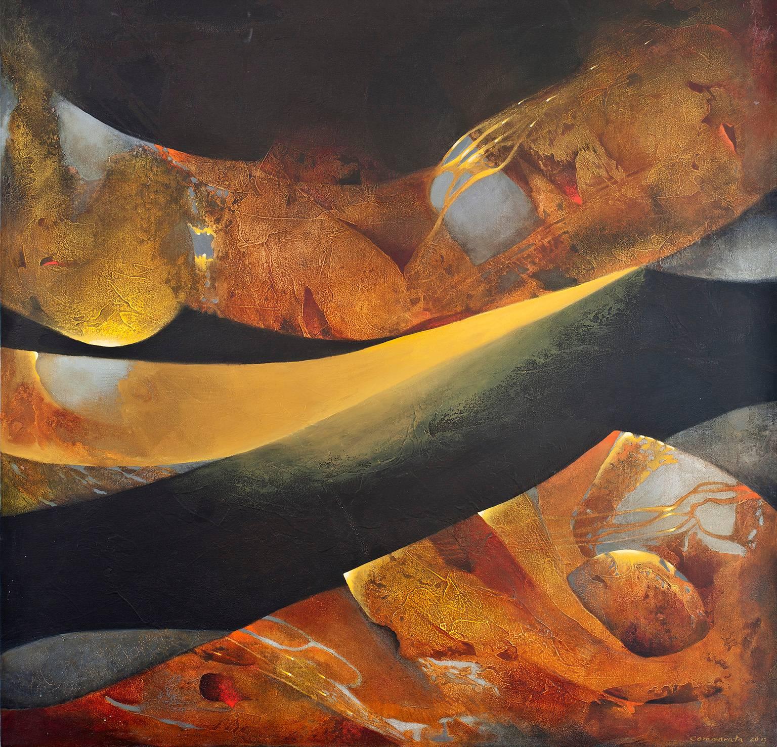 Kathleen Cammarata Abstract Painting - "Frontier" - Horizontal abstract painting in sienna, ochre and black colors. 