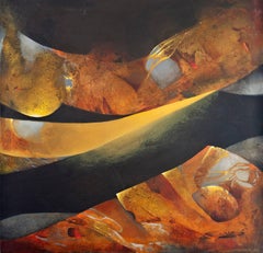 "Frontier" - Horizontal abstract painting in sienna, ochre and black colors. 