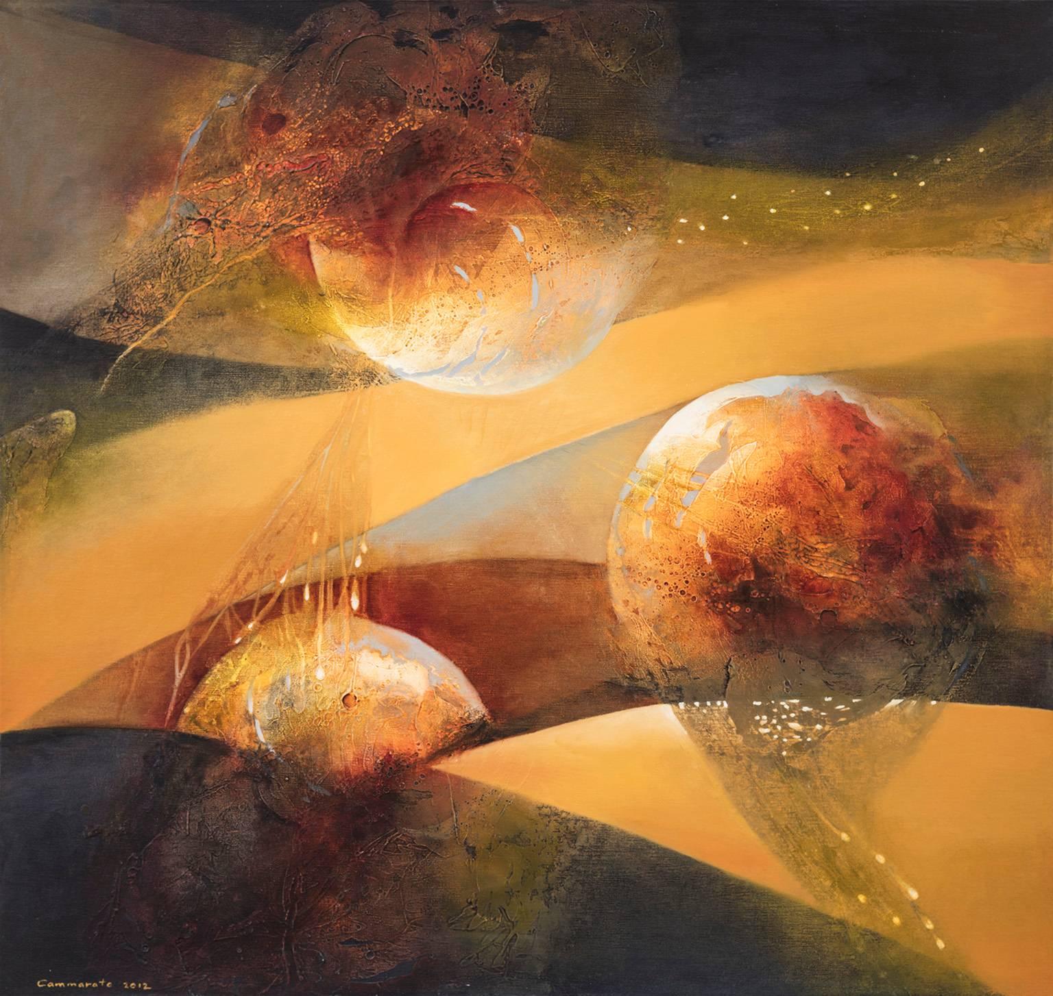 Kathleen Cammarata Abstract Painting - "Sisters of Astral Lights" - Horizontal planet painting in autumn colors.