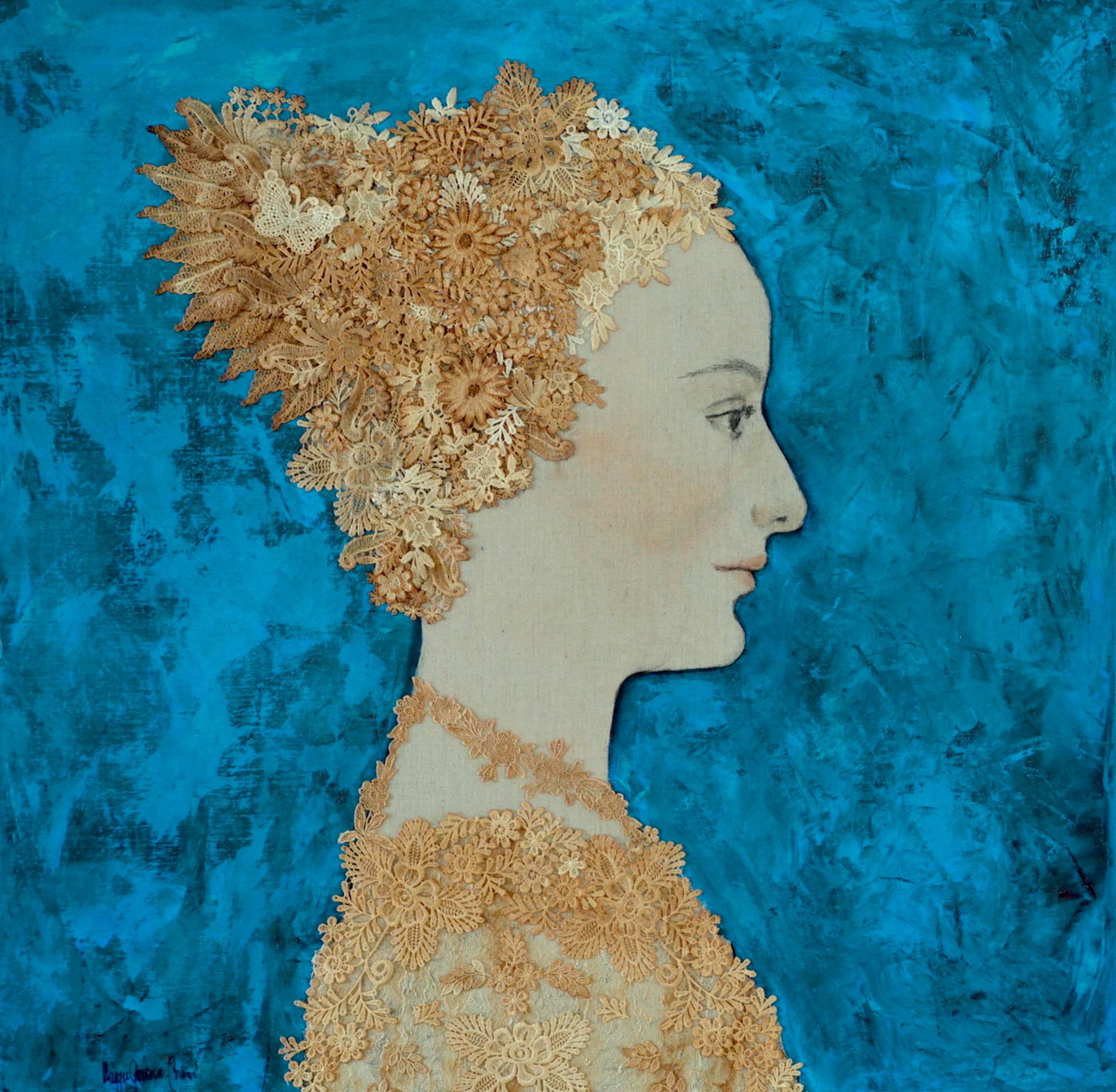 Nilda- Blue Teal and gold, Mixed Media - Mixed Media Art by Maggie Genova Cordovi