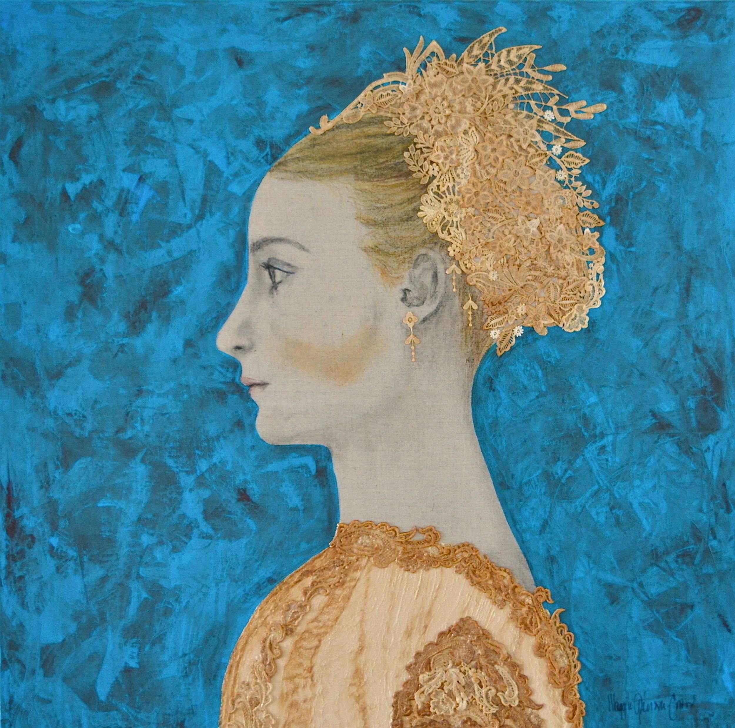 Esther- Blie Teal  and gold Mixed Media
