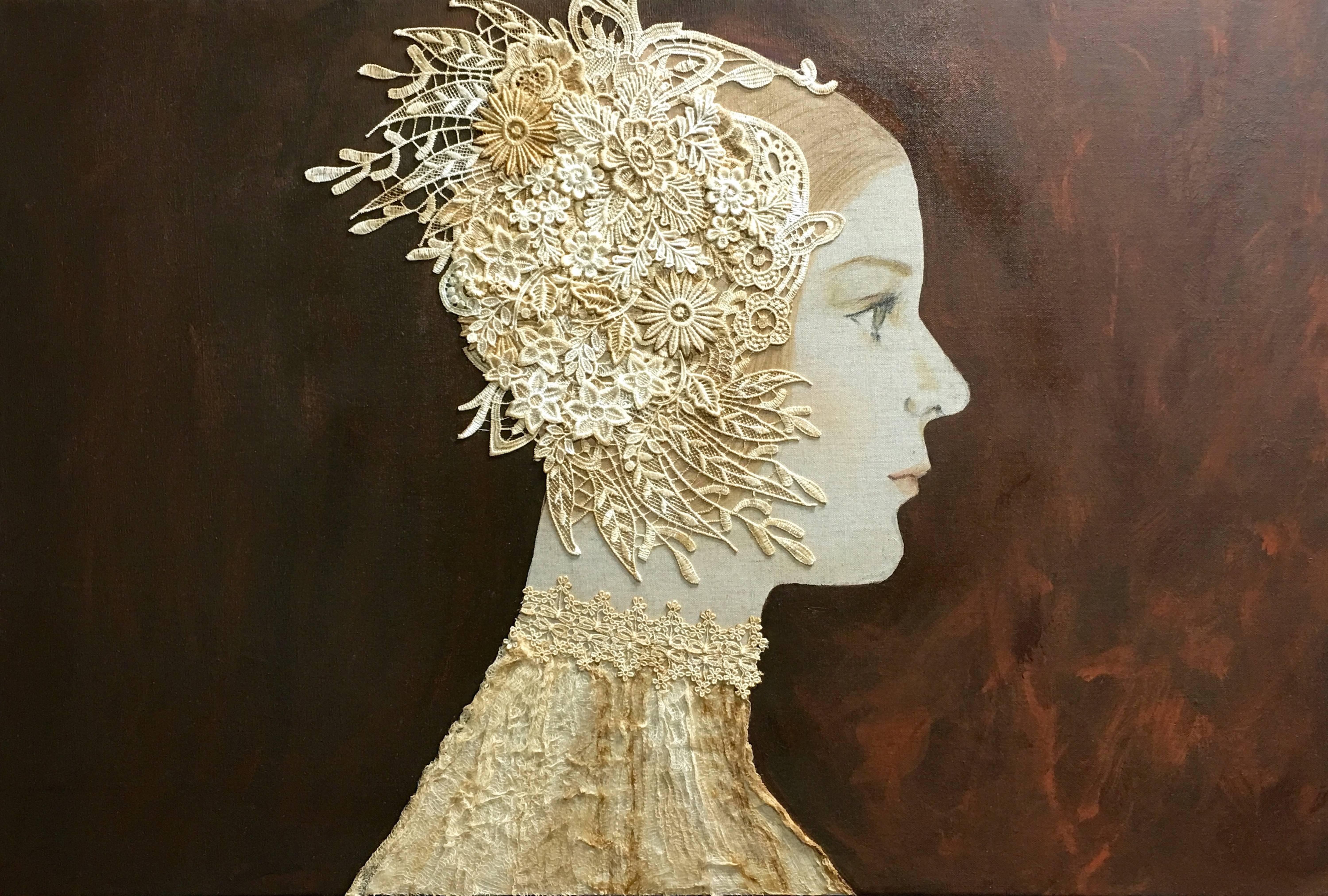 "Liliam" Contemporary Mixed Media Dark Sepia Red Background and Gold
