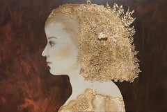 "Margarita" Contemporary Mixed Media Dark Sepia Red background and Gold