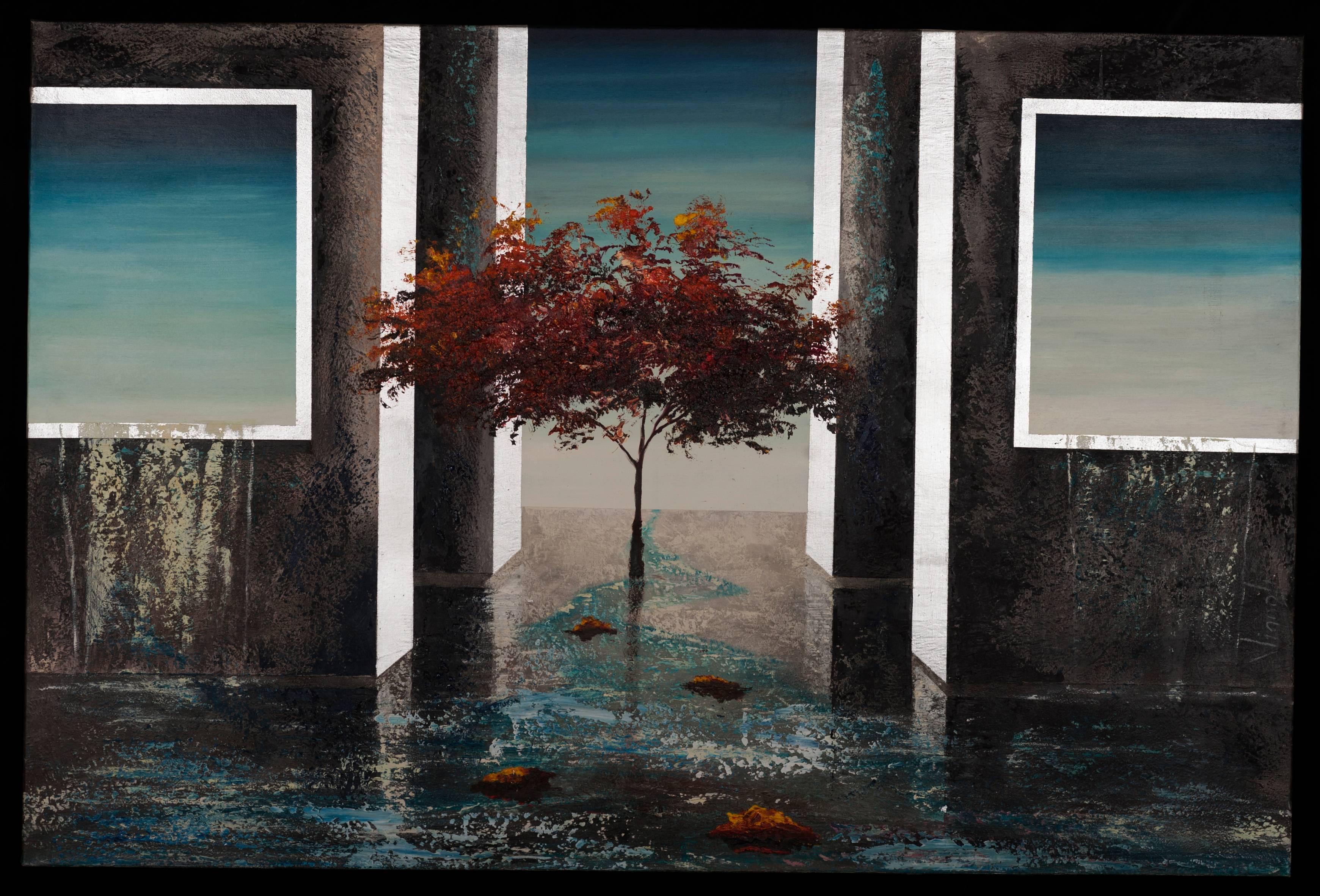 Terra Da Arvore- pittura surreale olio su tela blu - Painting di Fernando Vignoli