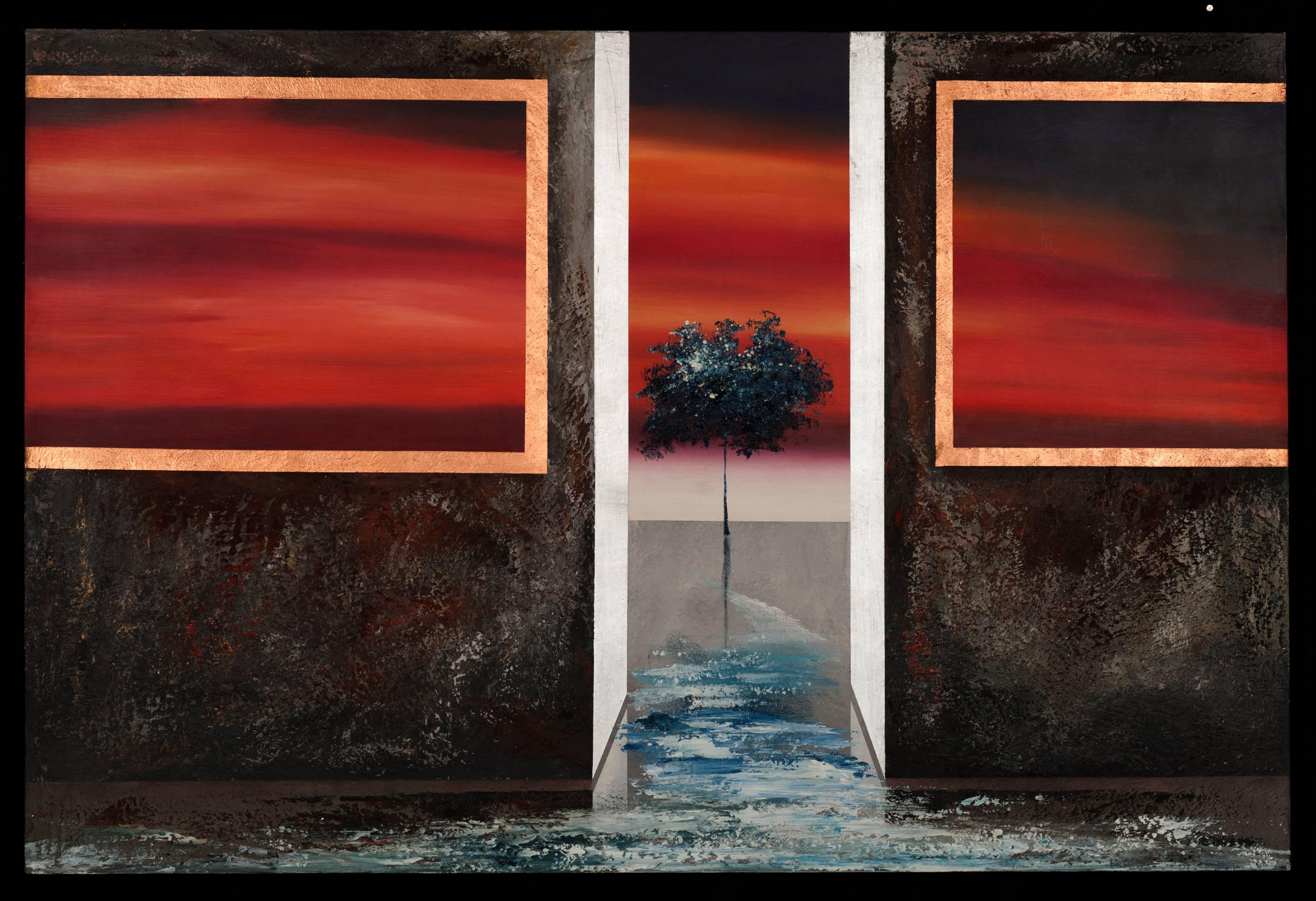 Terra do Fogo surreales Gemälde, Öl auf Leinwand, Sonnenuntergang, rot