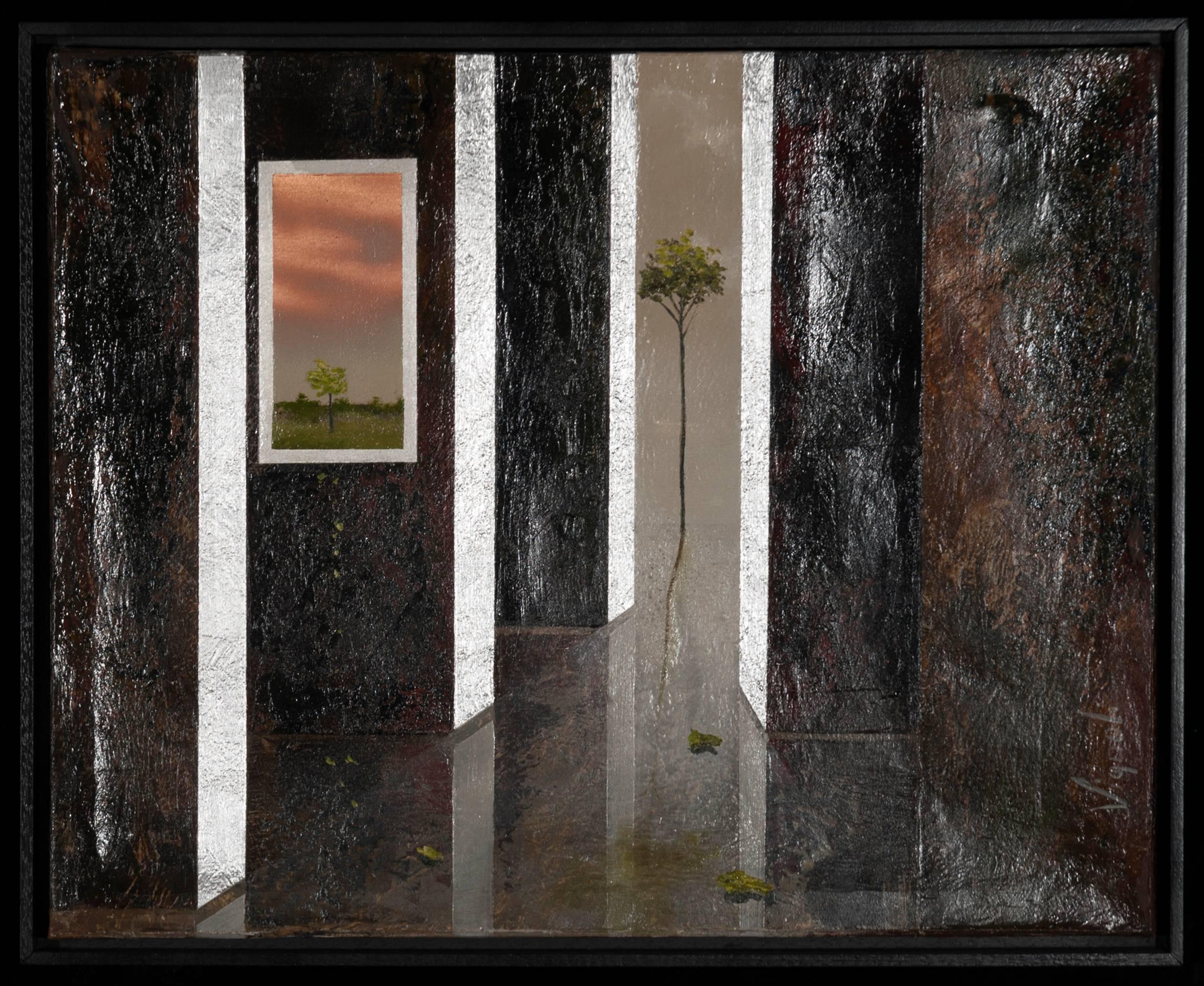 Surreales Ölgemälde in Naturfenster auf Leinwand - graue Schatten