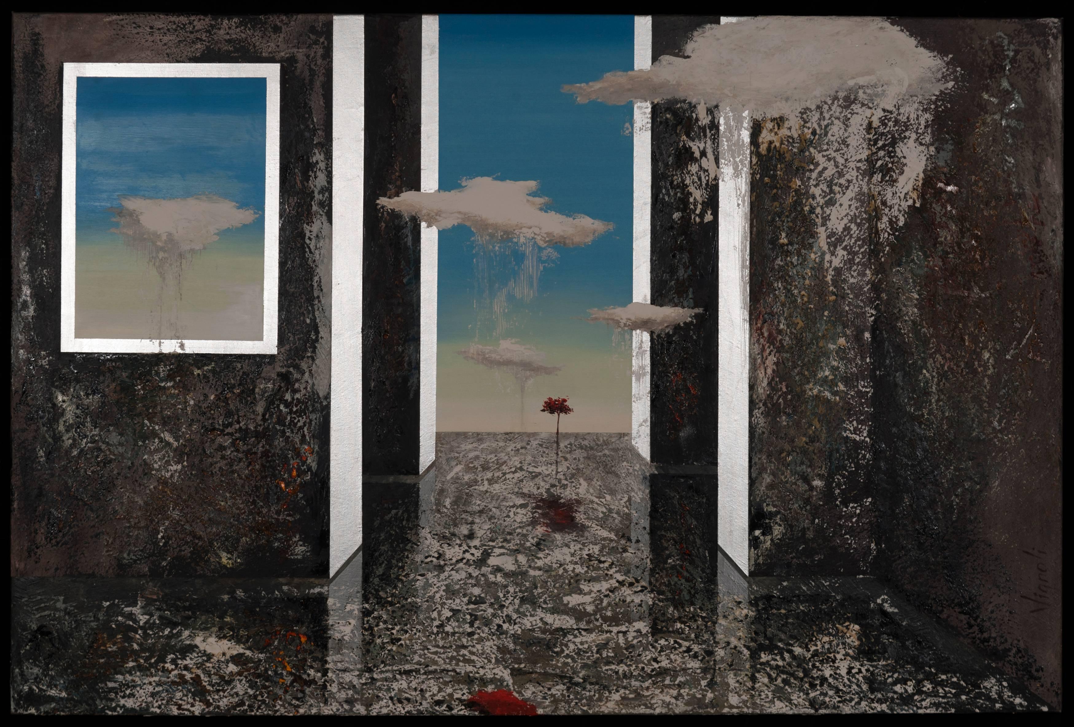 Babel nach Basel - surreales Gemälde, Öl auf Leinwand in blau-grauen Farbtönen – Painting von Fernando Vignoli