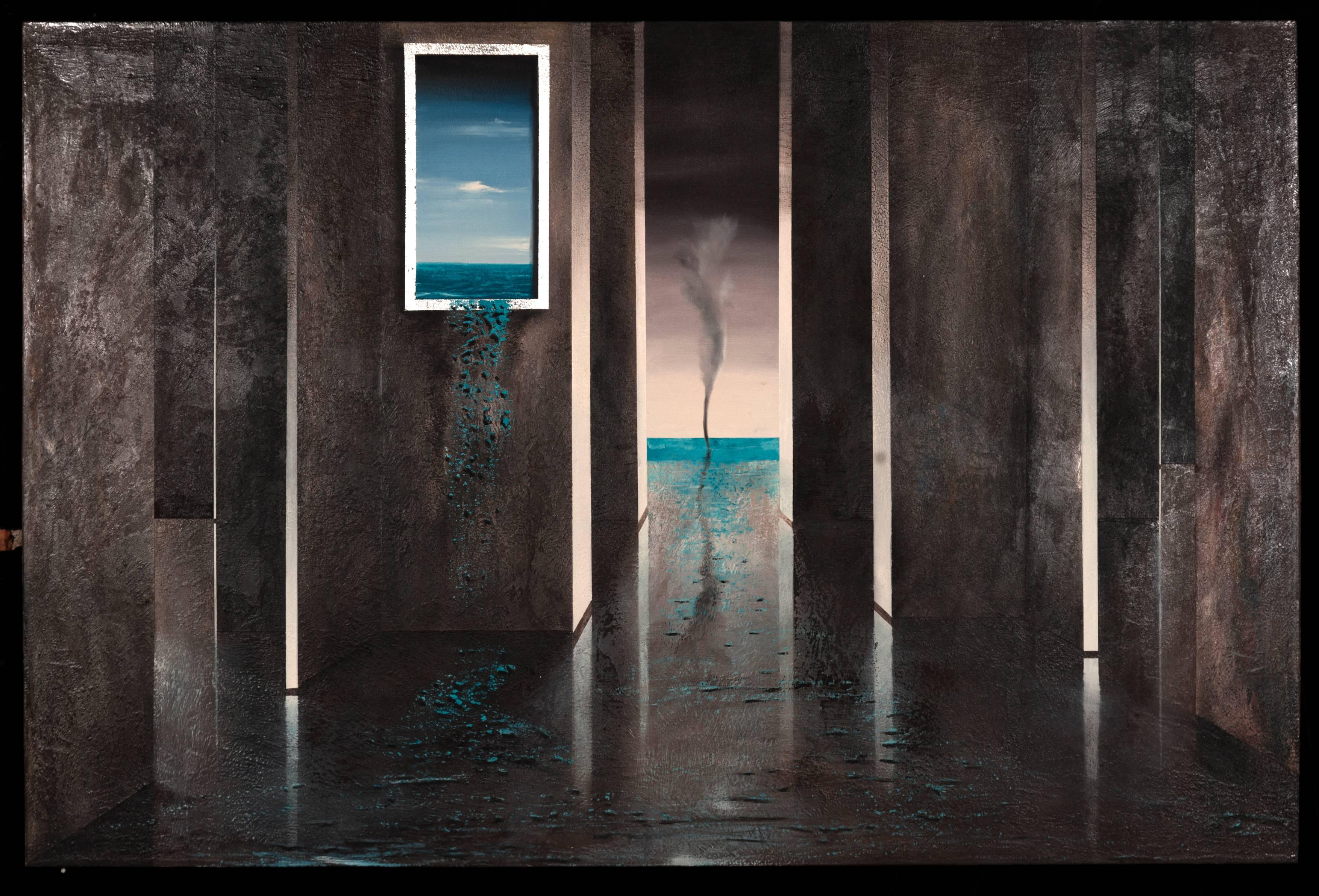 Tromba D'Agua- dipinto surreale olio su tela- sfumature grigio blu - Painting di Fernando Vignoli