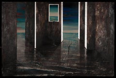 Tsunami II- pittura surreale con sfumature grigio blu