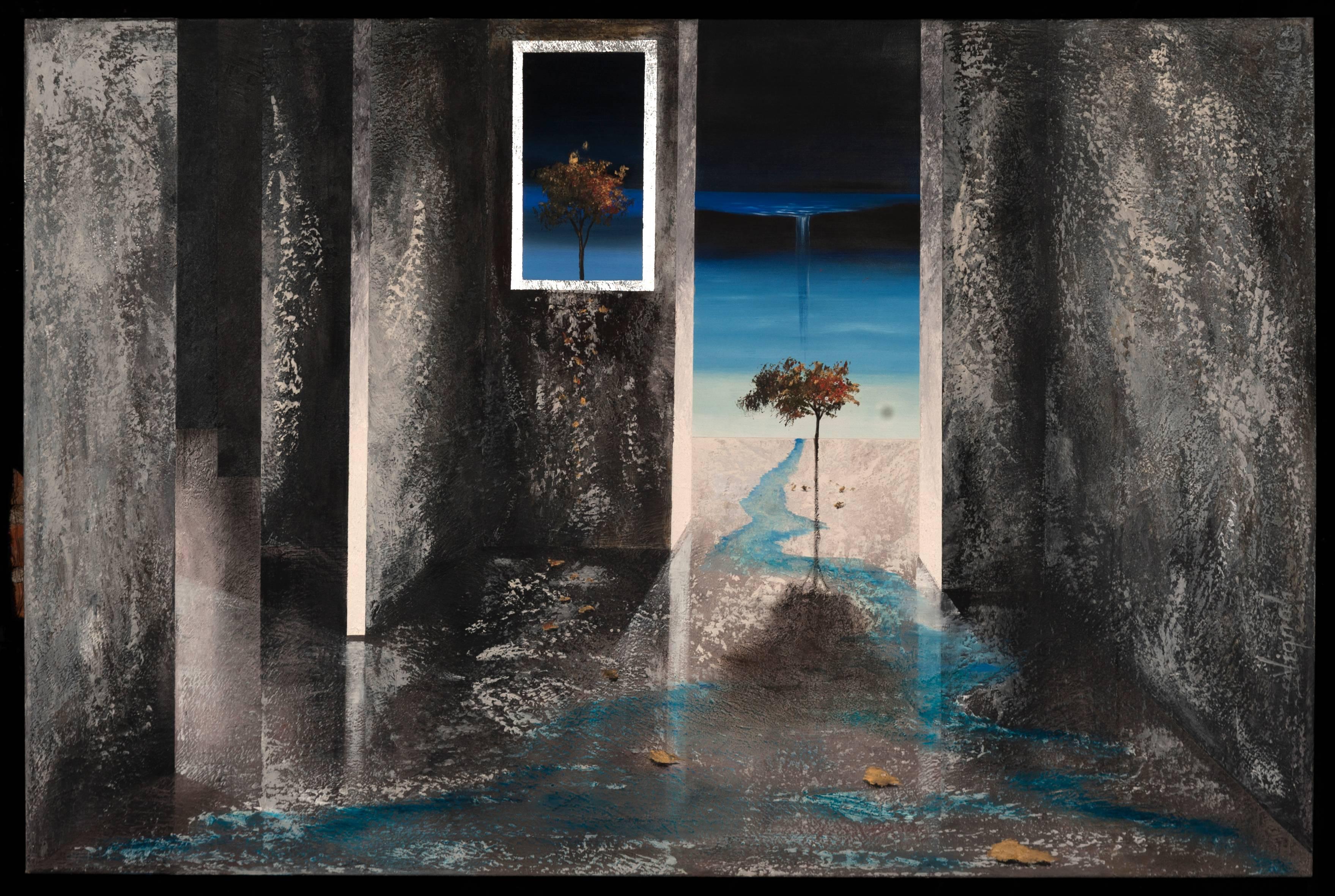 Abstract Painting di Fernando Vignoli - "Blue Water" - Quadro surreale orizzontale con sfumature blu e grigie, olio su tela