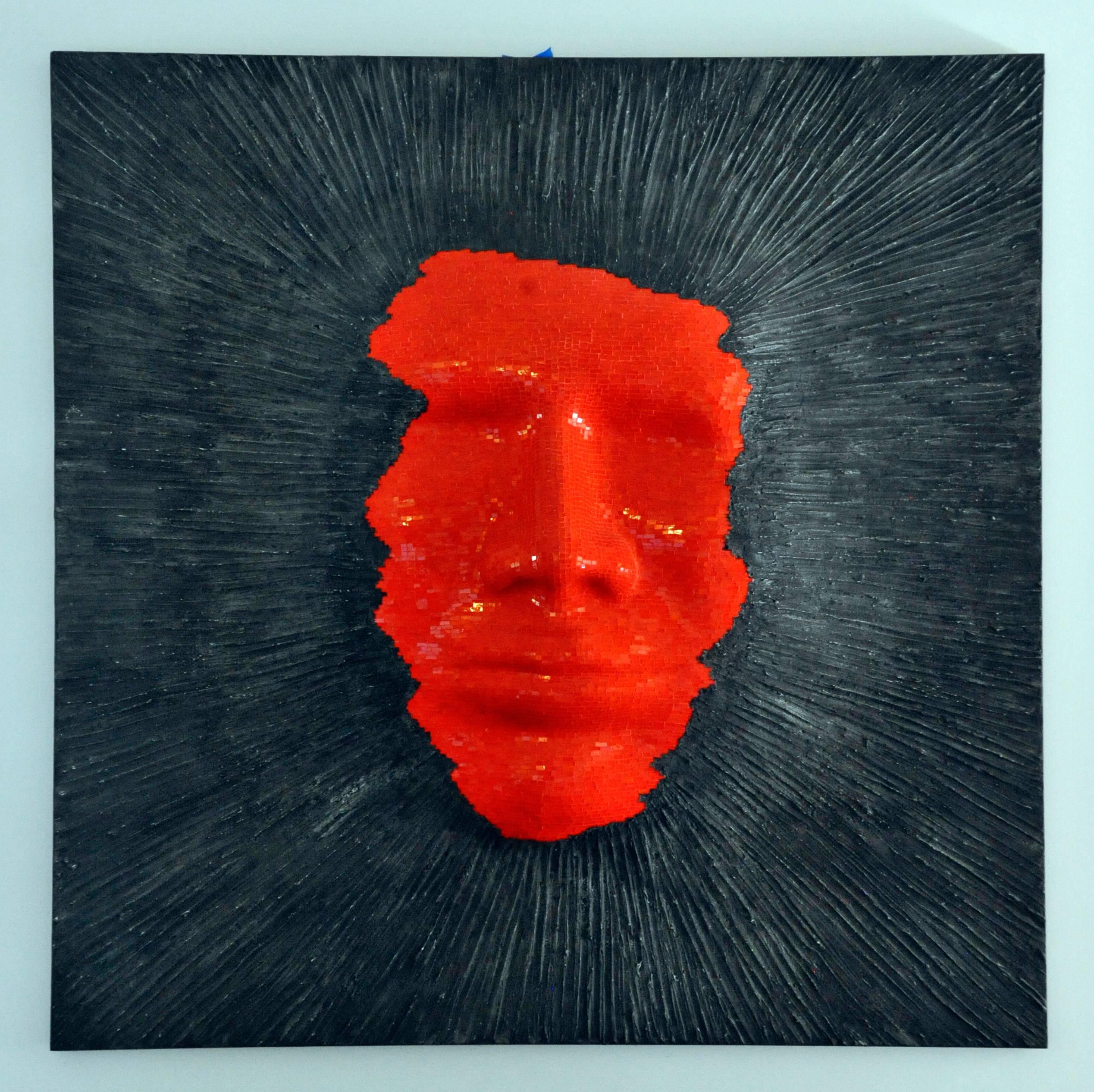 "Simbiosi 4" - Squared red mosaic figurative wall sculpture - glass & acrylic.