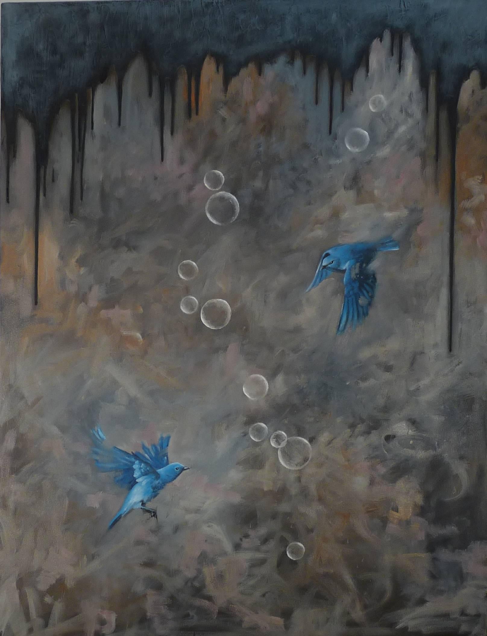 Adam Thomas Landscape Painting - Blue Birds and Bubbles