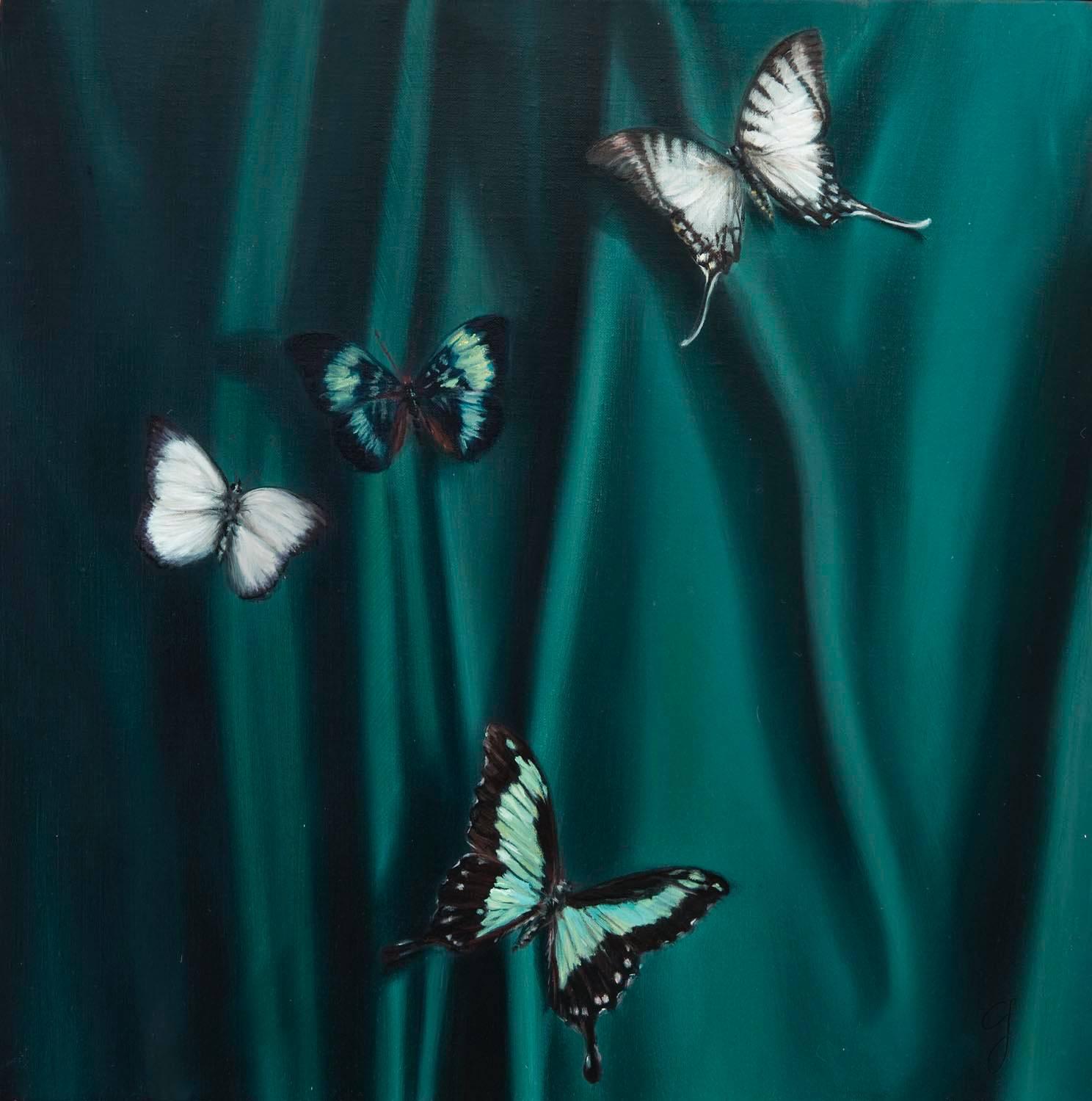 Carin Gerard Animal Painting - Butterflies on Teal