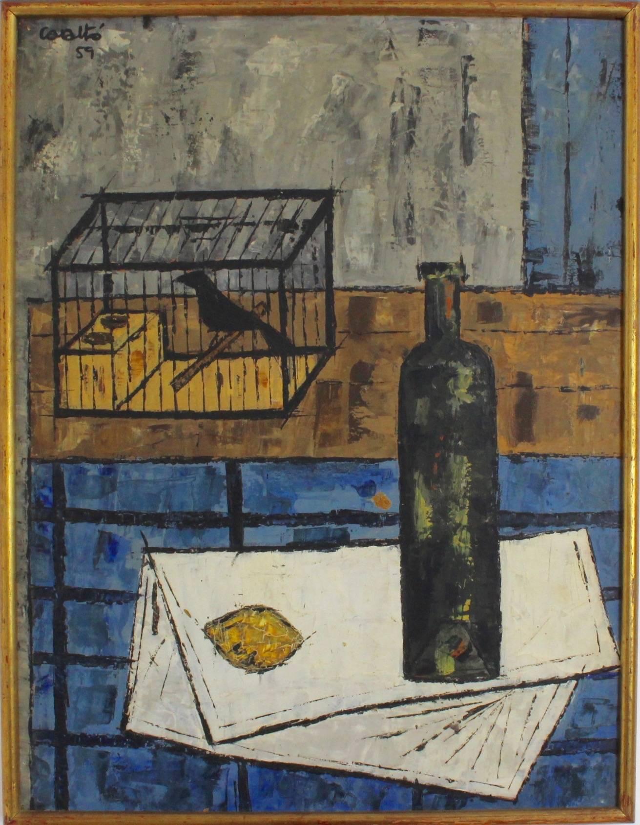 Vicenç Caraltó Still-Life Painting - Still Life with Raven, Lemon and Wine Bottle