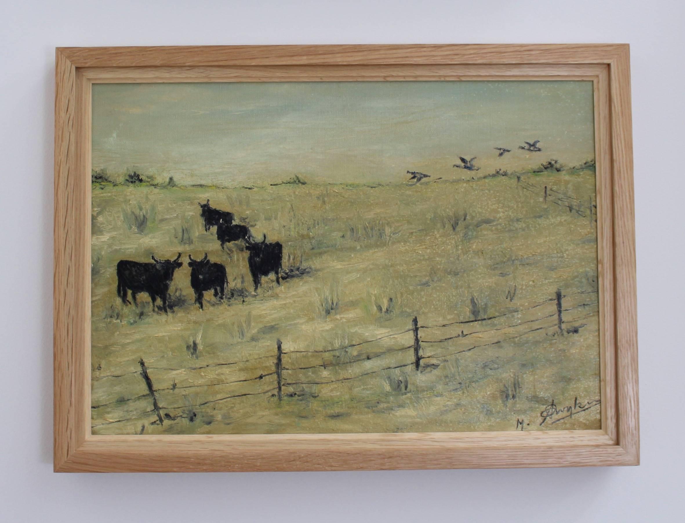 'Grazing Bulls in the Camargue' by M. Arvanitakis, Mid-Century Oil Landscape  5