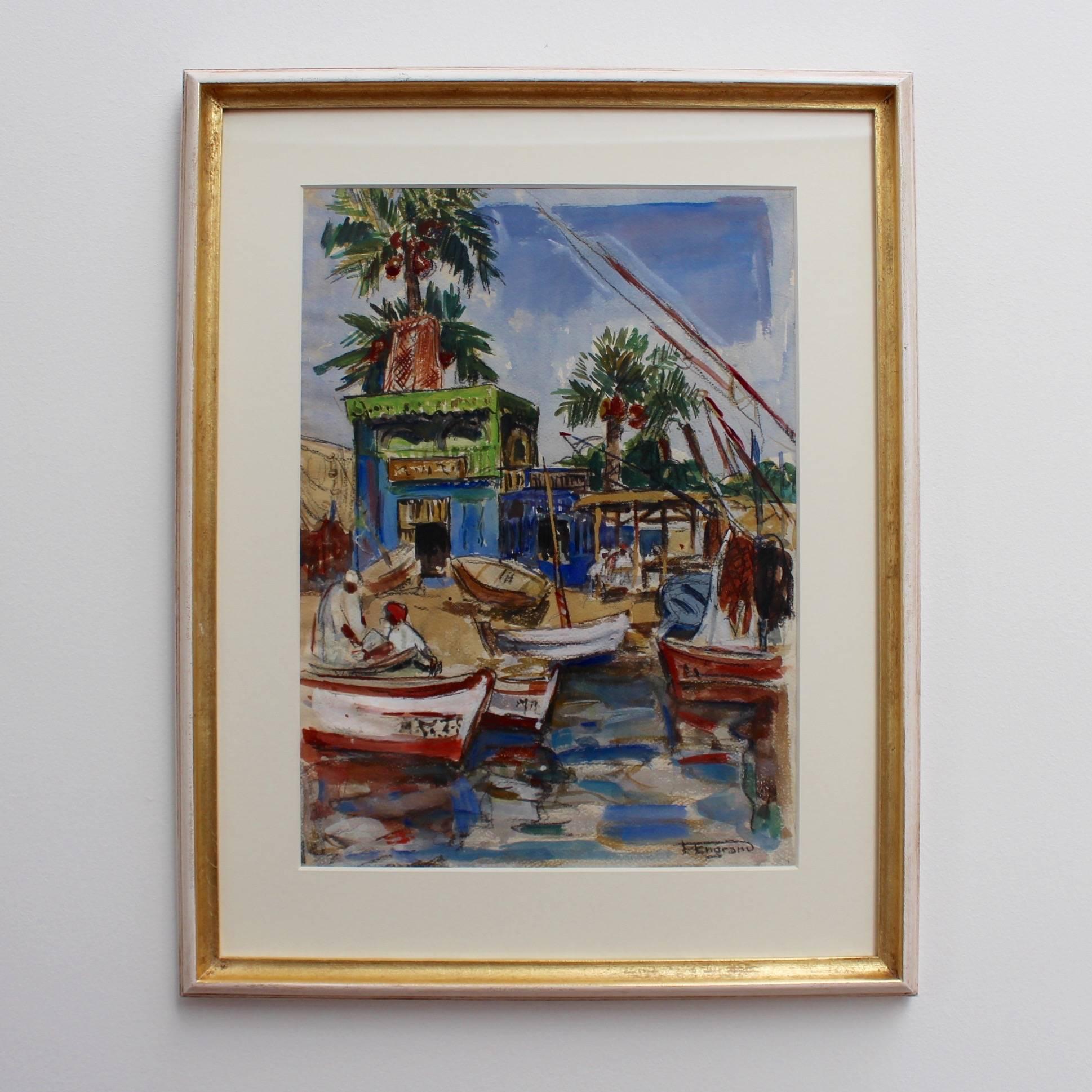 'Mediterranean Fishing Village' by F Engram - Modern Painting by Unknown