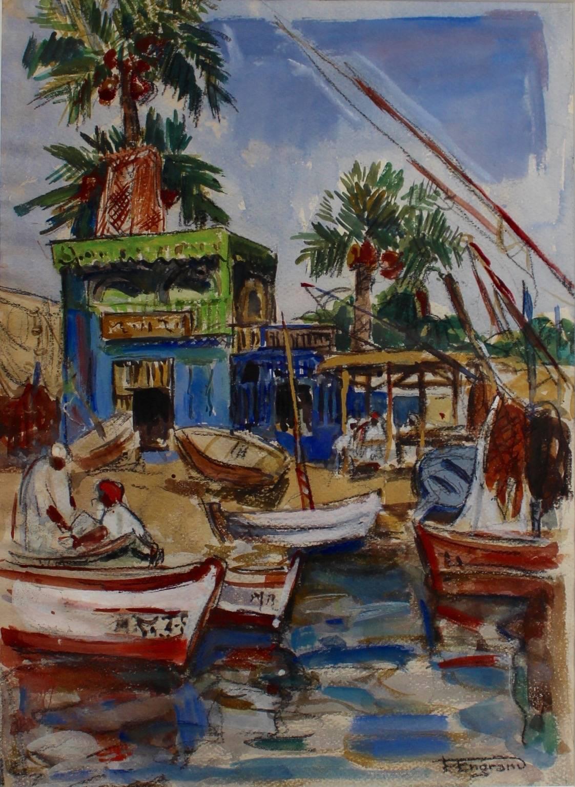 'Mediterranean Fishing Village' by F Engram - Painting by Unknown
