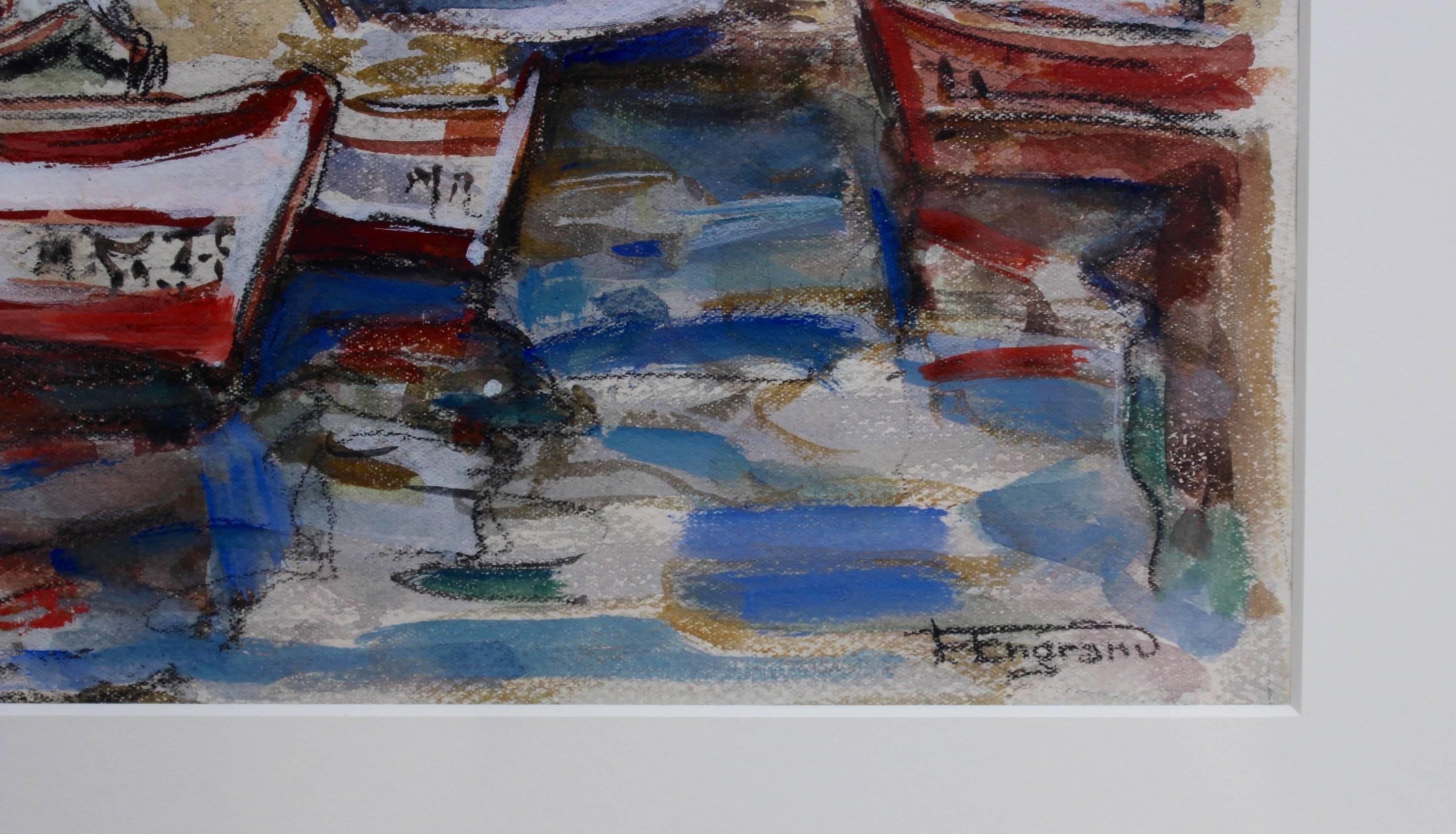 'Mediterranean Fishing Village' by F Engram - Gray Figurative Painting by Unknown
