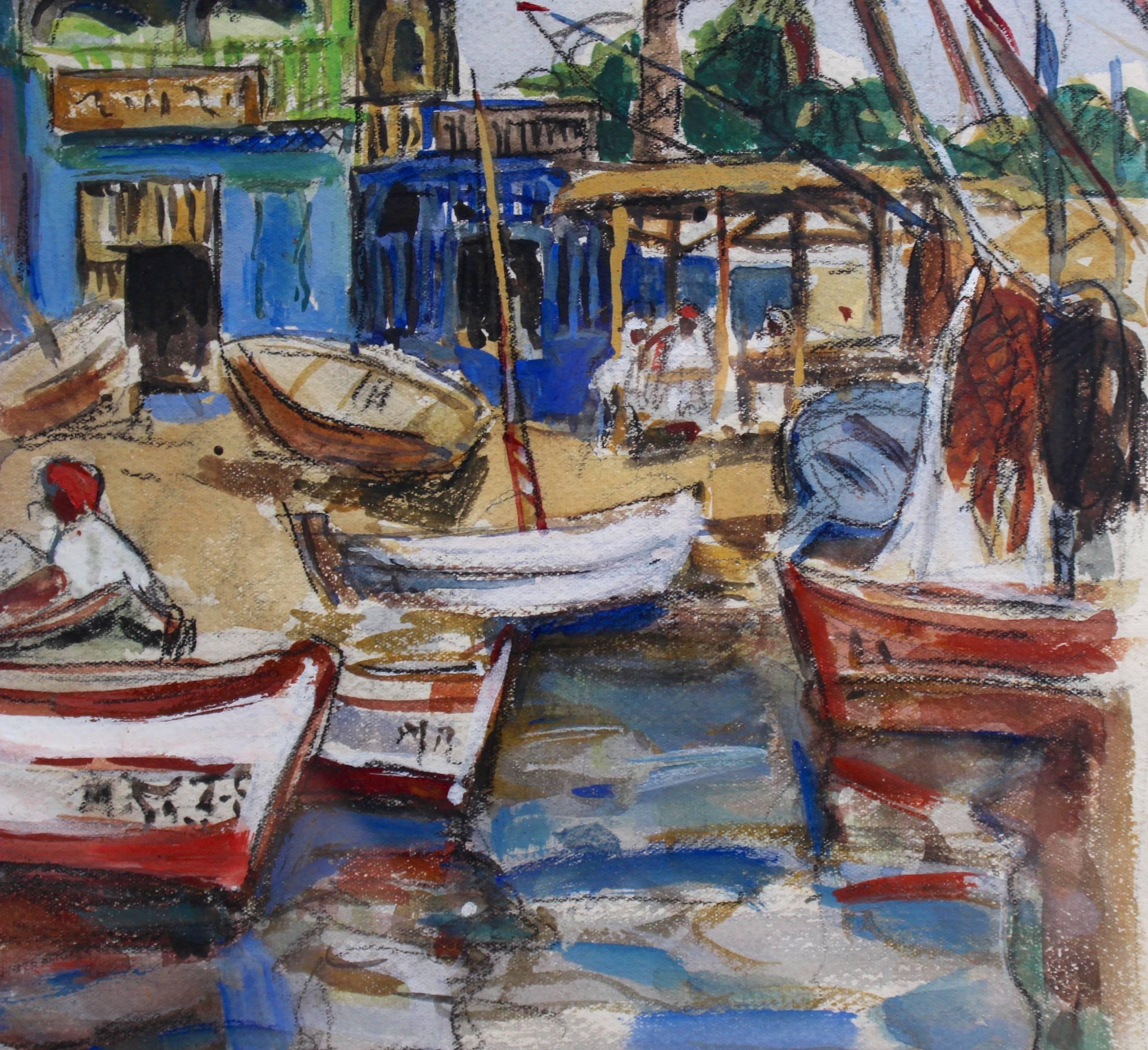 Pastels on paper (c. 1970s). An enchanting scene of a placid Mediterranean fishing port. Palm trees, blue skies, men going about their business selling to passers-by; others seated in the background having lunch under a shaded canopy. Signed 'F