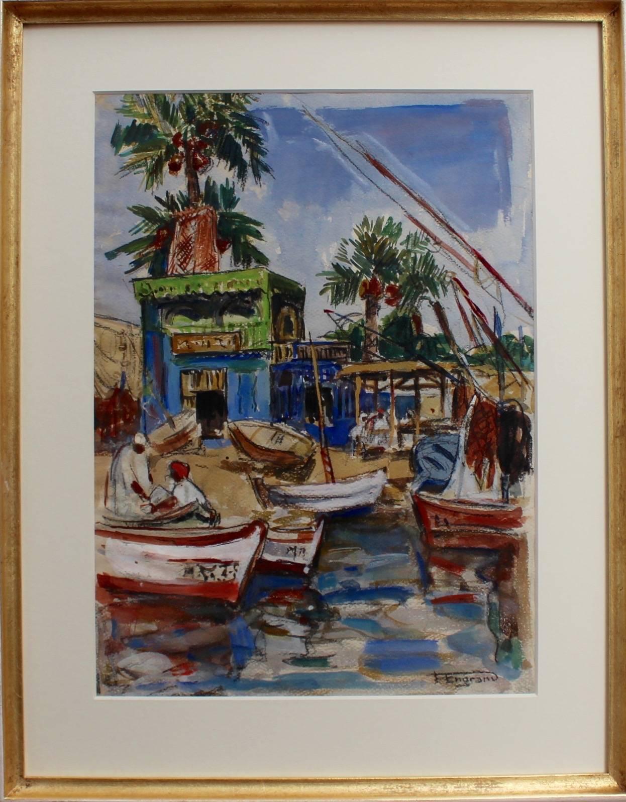 Unknown Figurative Painting - 'Mediterranean Fishing Village' by F Engram